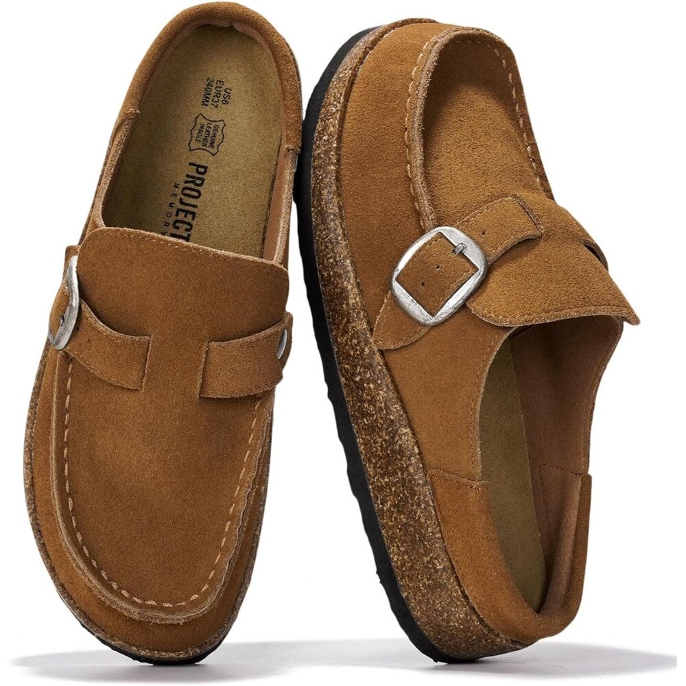 〽️Women's Moccasin-Style Clog Mule Chestnut Suede Closed Toe Slip-on Casual Shoe